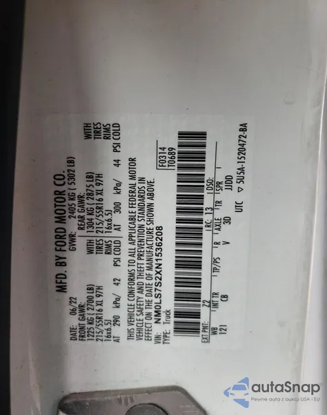 2022 Ford Transit Connect Xl из США, поврежденный, VIN NM0LS7S2XN1536208